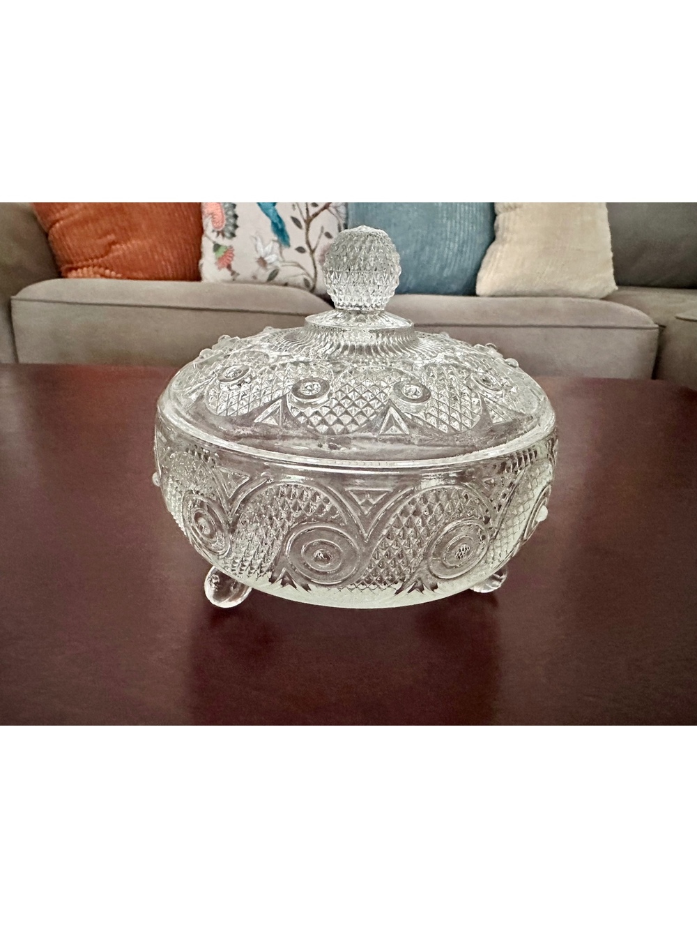 vVntage Avon Footed Detailed Pressed Glass Dish with  Lid